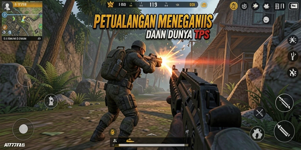 UI gameplay AT777 dengan aksi menegangkan di arena TPS.