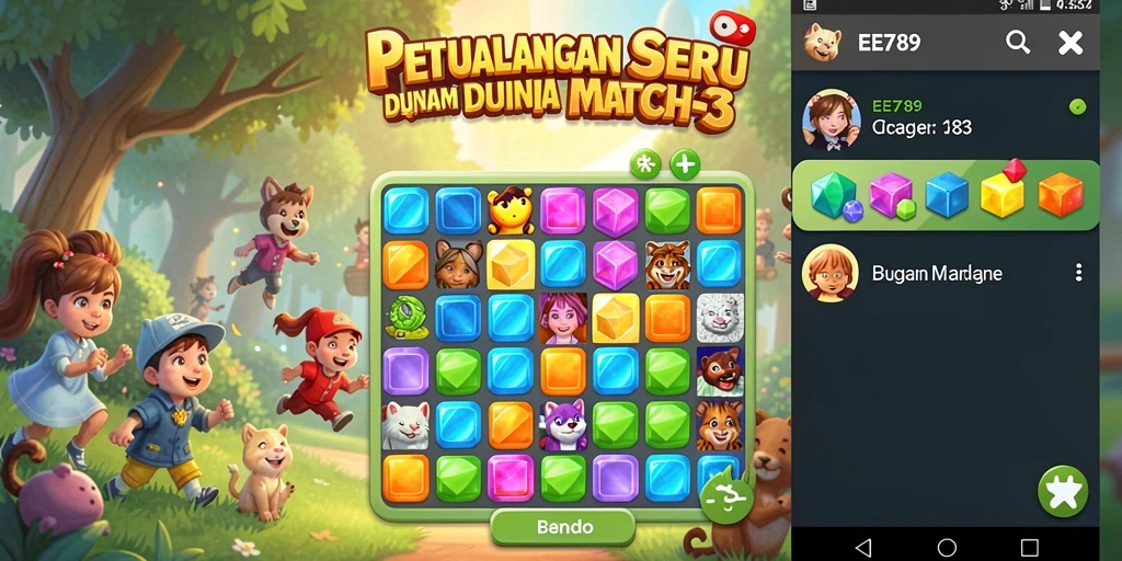 Screenshot gameplay EE789 dengan tampilan penuh warna dan tantangan Match-3.