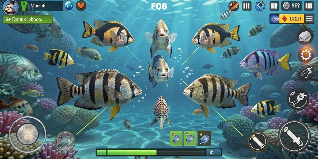 Screenshot gameplay FO8 dengan aksi menembak ikan.